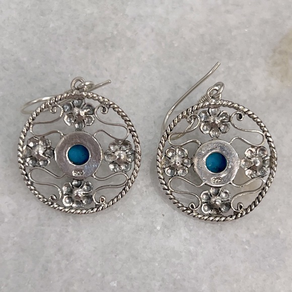 Arizona Sleeping Beauty Turquoise Sterling Silver Floral Dangle Earrings - Picture 9 of 10